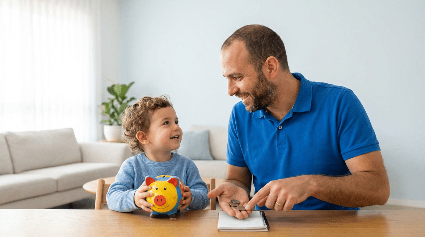 משפחה מלמדת ילדים על חיסכון וניהול כספים