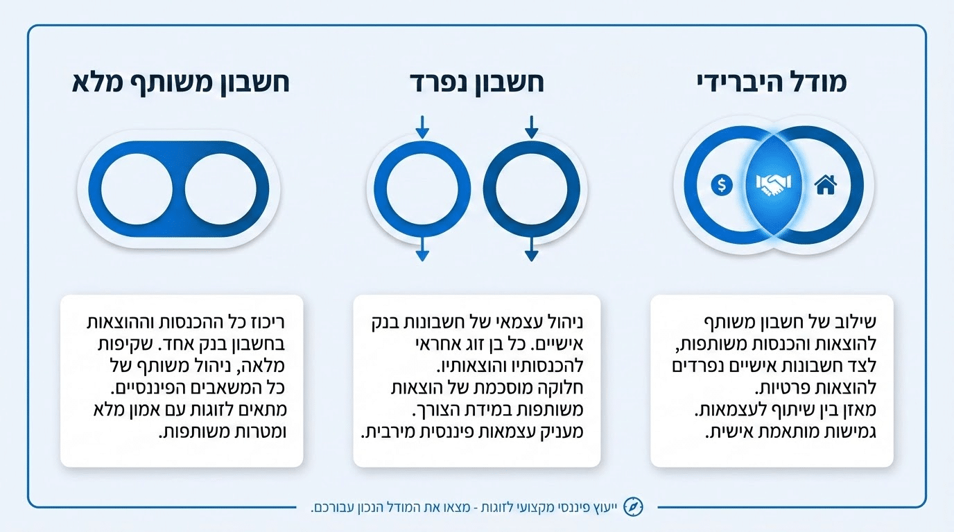 זוג יושב יחד ומתכנן את ניהול הכספים המשותף שלהם בצורה הרמונית