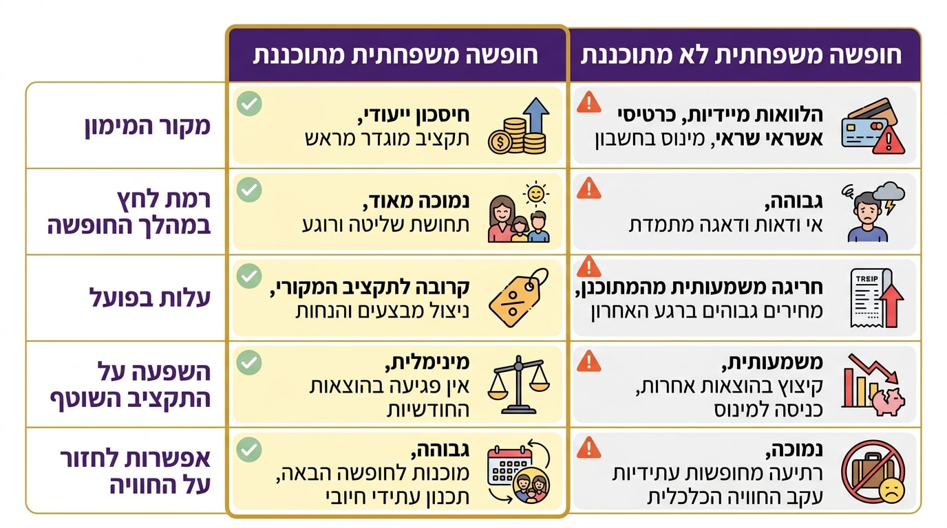 השוואה בין חיסכון מתוכנן לחופשה ספונטנית - תכנון תקציב טיול משפחתי