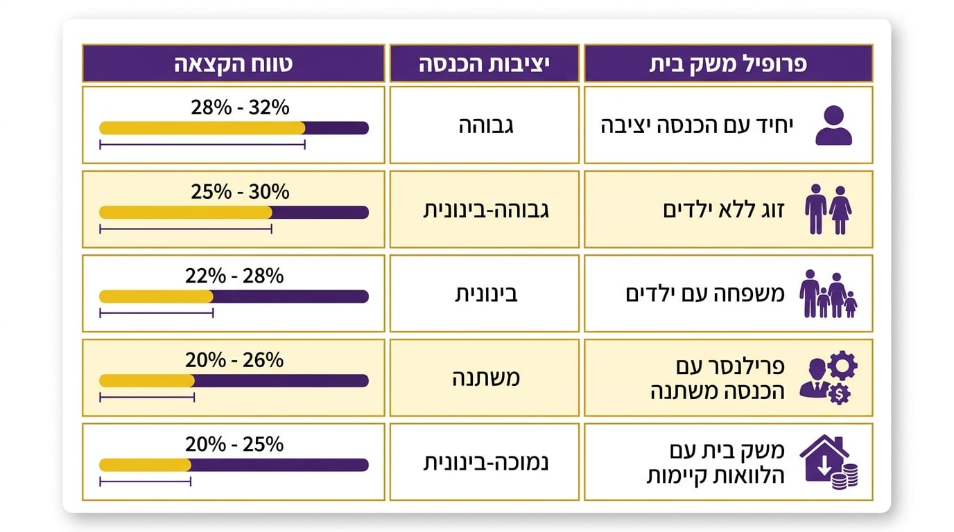 טבלת יחס החזר מומלץ לפי פרופיל משק הבית – דיור מהשכר בישראל